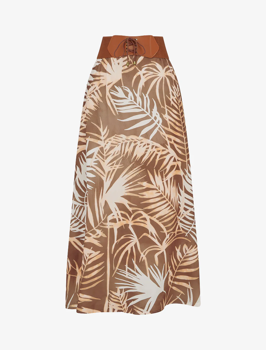 Lange rok met bladdessin - Bruin