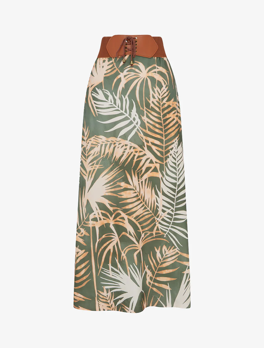 Lange rok met bladdessin - Kaki