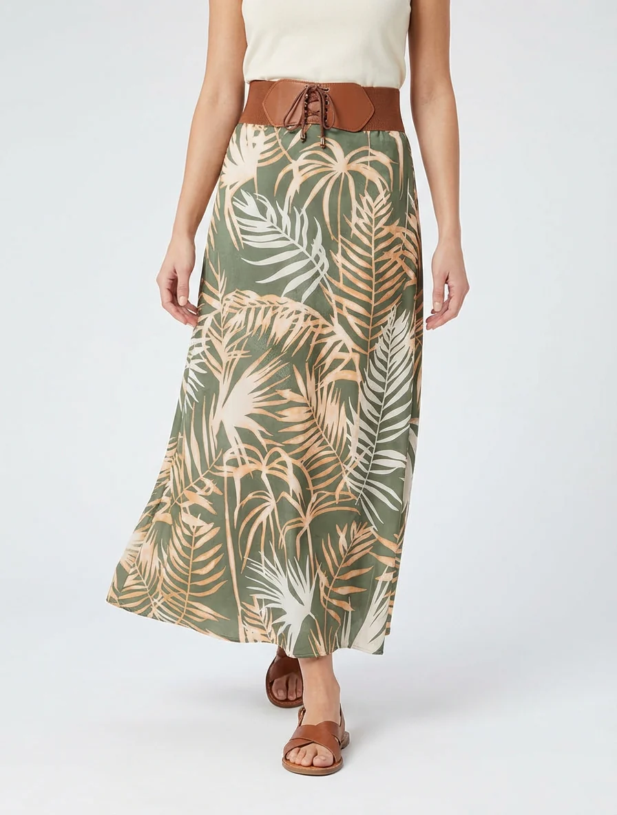 Lange rok met bladdessin - Kaki - Image 4