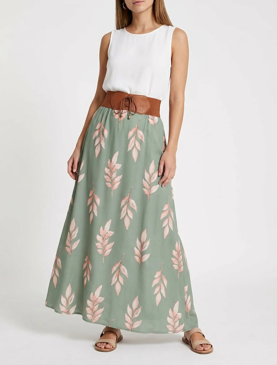 Lange rok met bladenprint - Kaki - Image 4