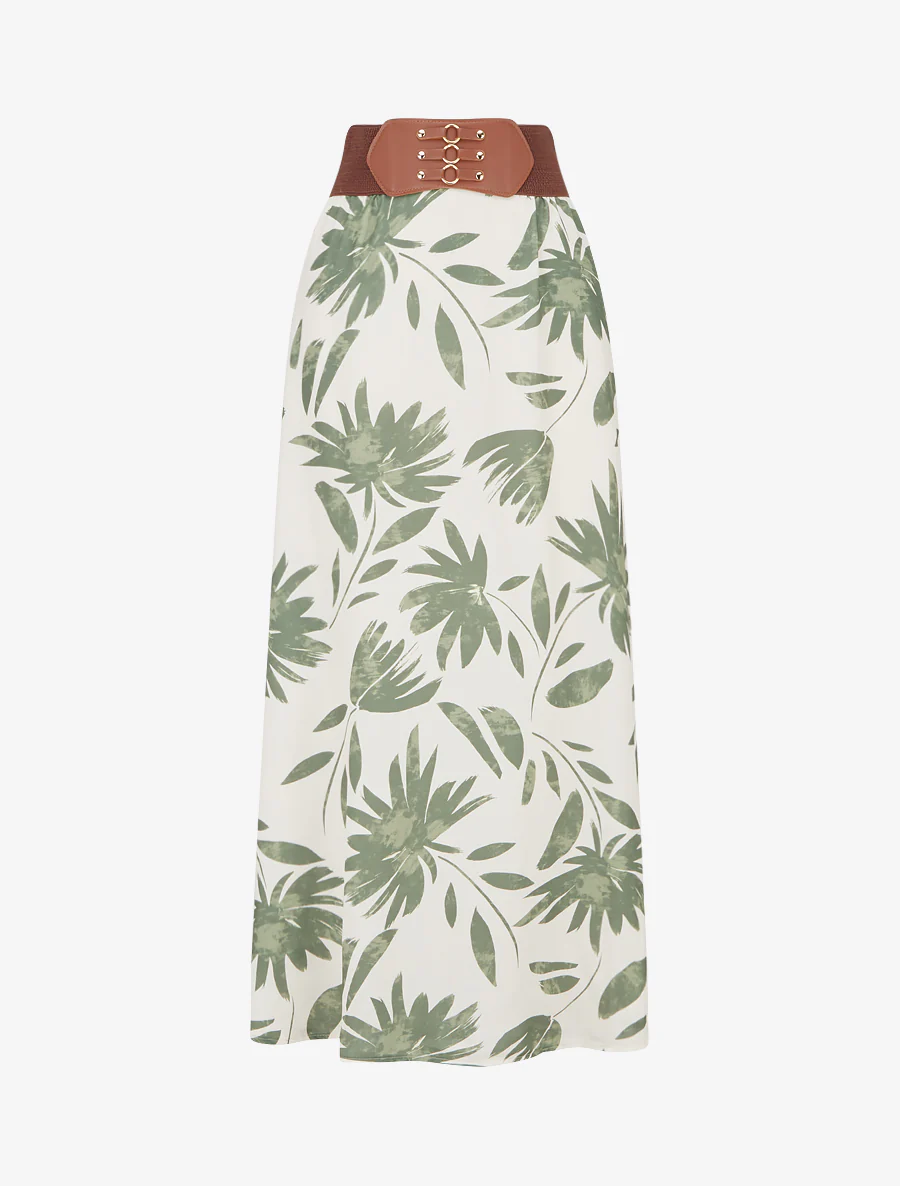 Lange rok met bloemenprint en fantasietaille. - Kaki