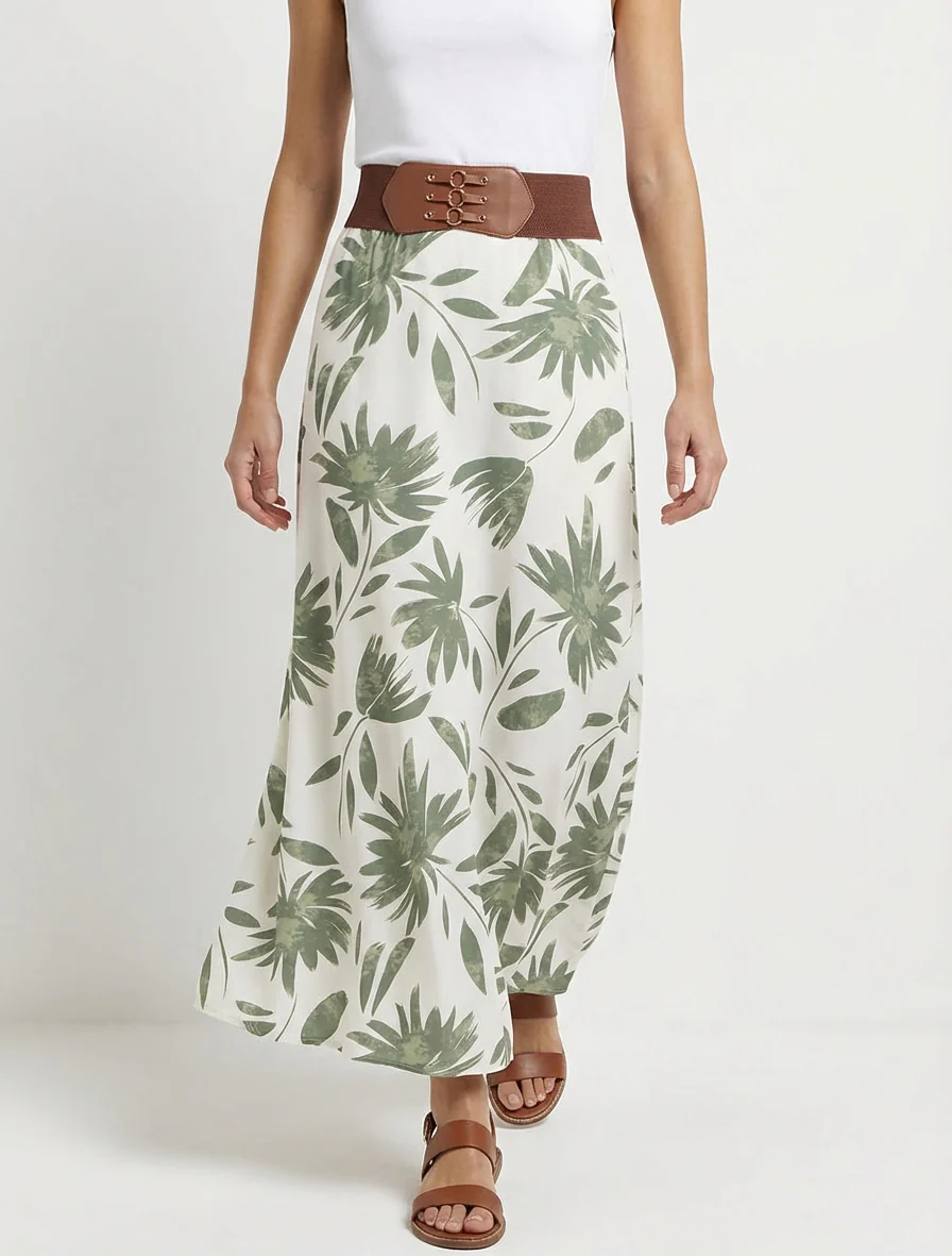 Lange rok met bloemenprint en fantasietaille. - Kaki - Image 4