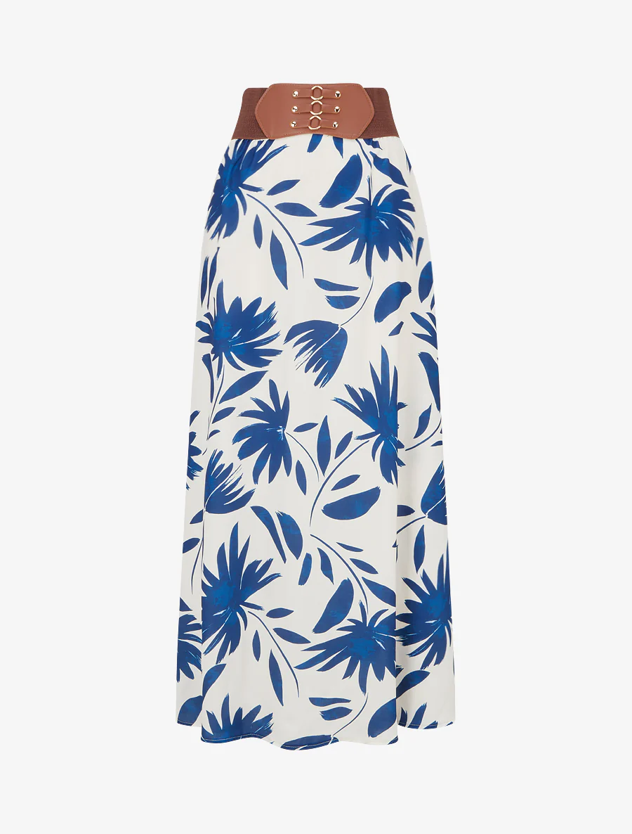 Lange rok met bloemenprint en fantasietaille. - Donkerblauw