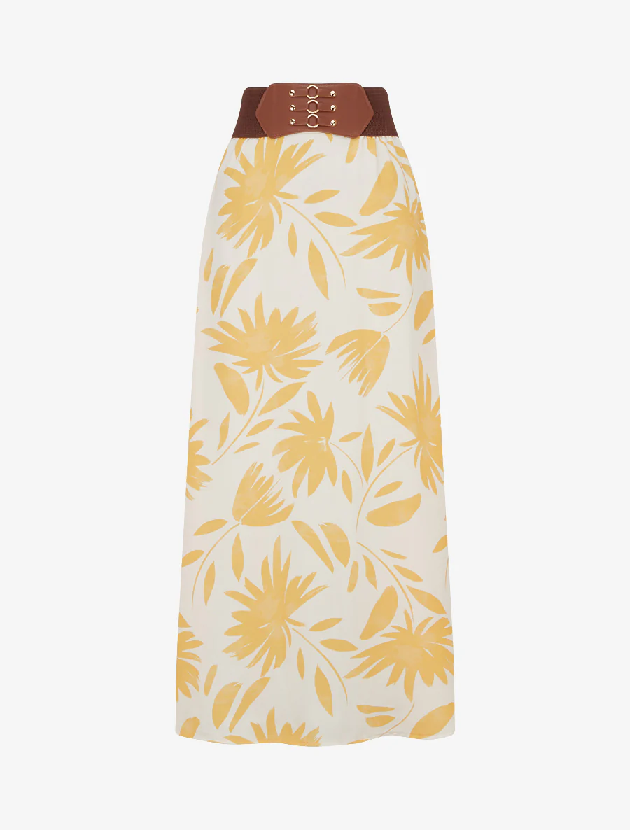 Lange rok met bloemenprint en fantasietaille. - Geel
