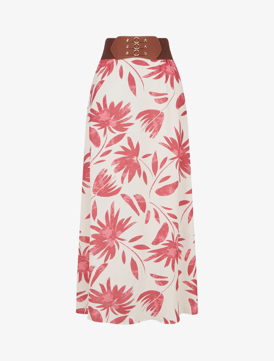 Lange rok met bloemenprint en fantasietaille. - Donkerroze