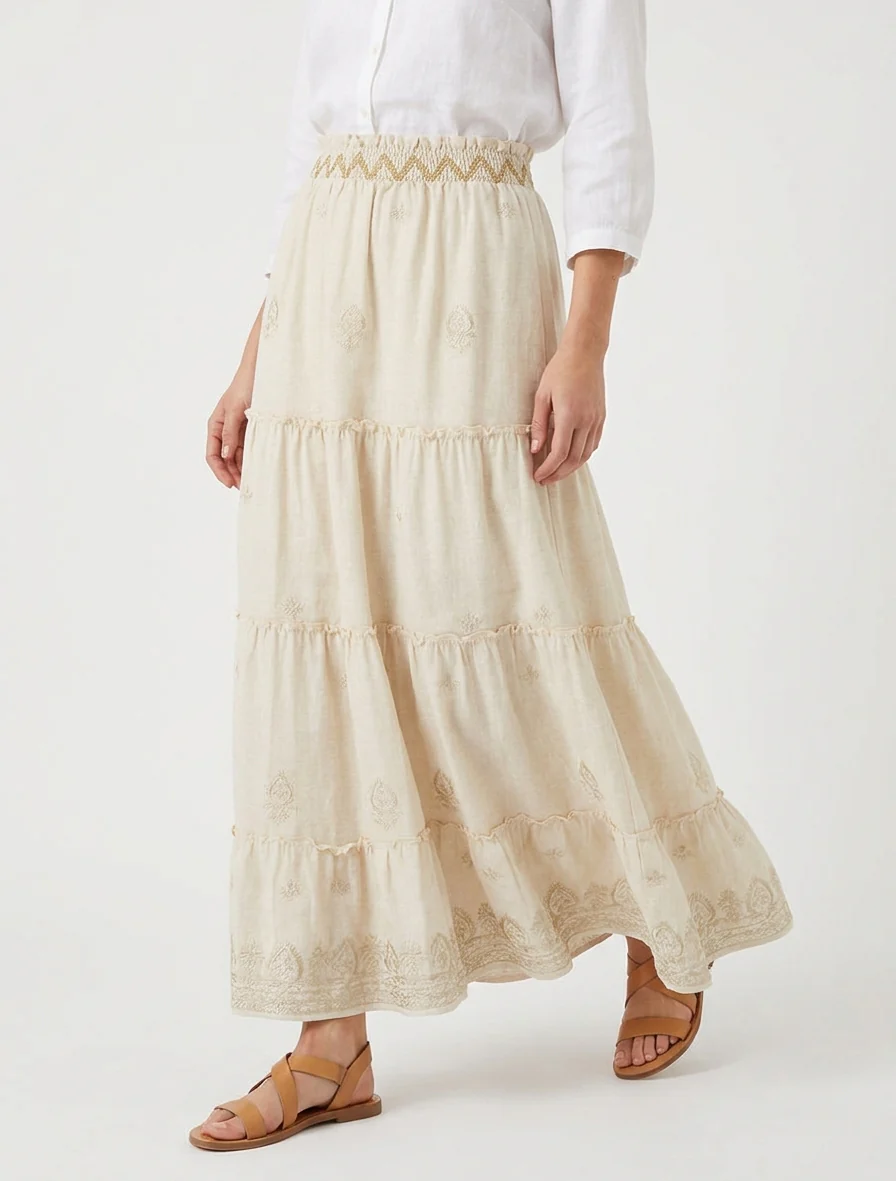Lange rok met elastiek en borduursel - Beige - Image 4