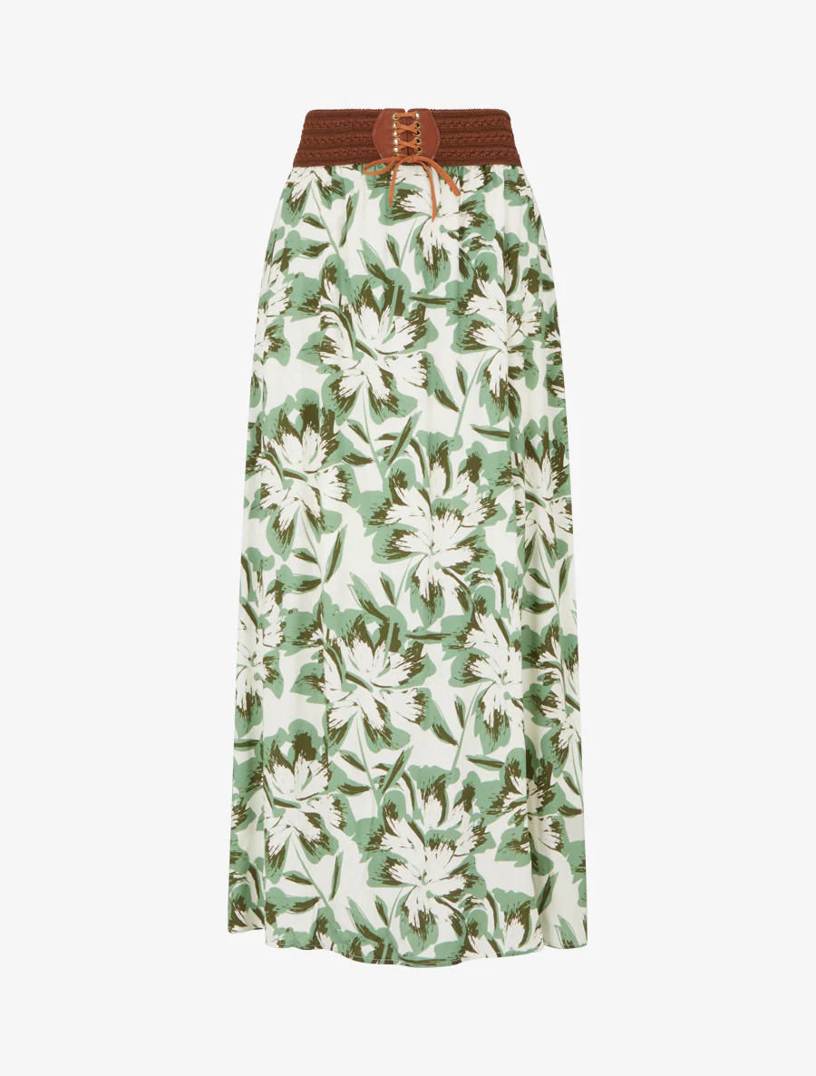 Lange rok met elastiek met bloemenprint - Groen