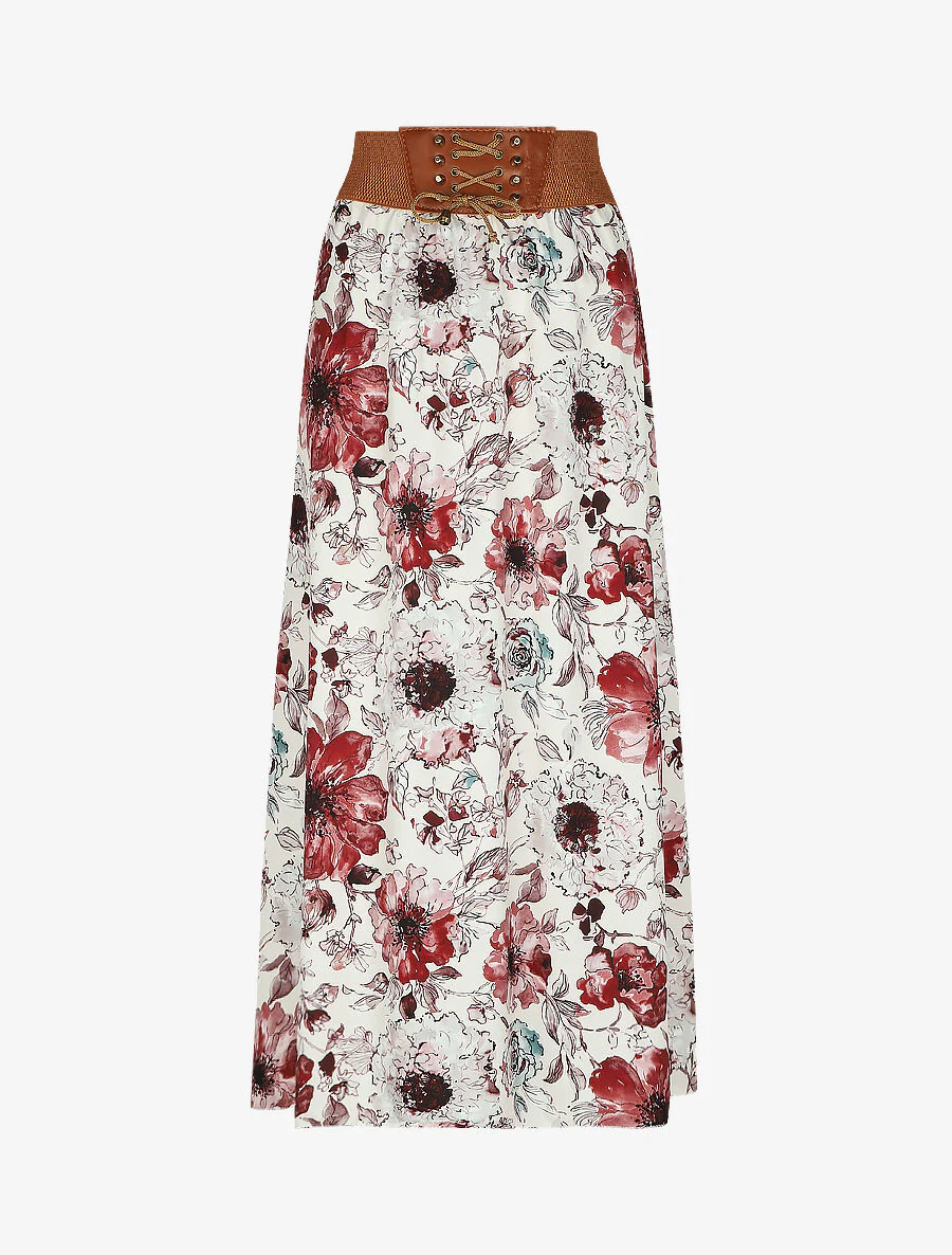 Lange rok met grote bloemenprint - Beige