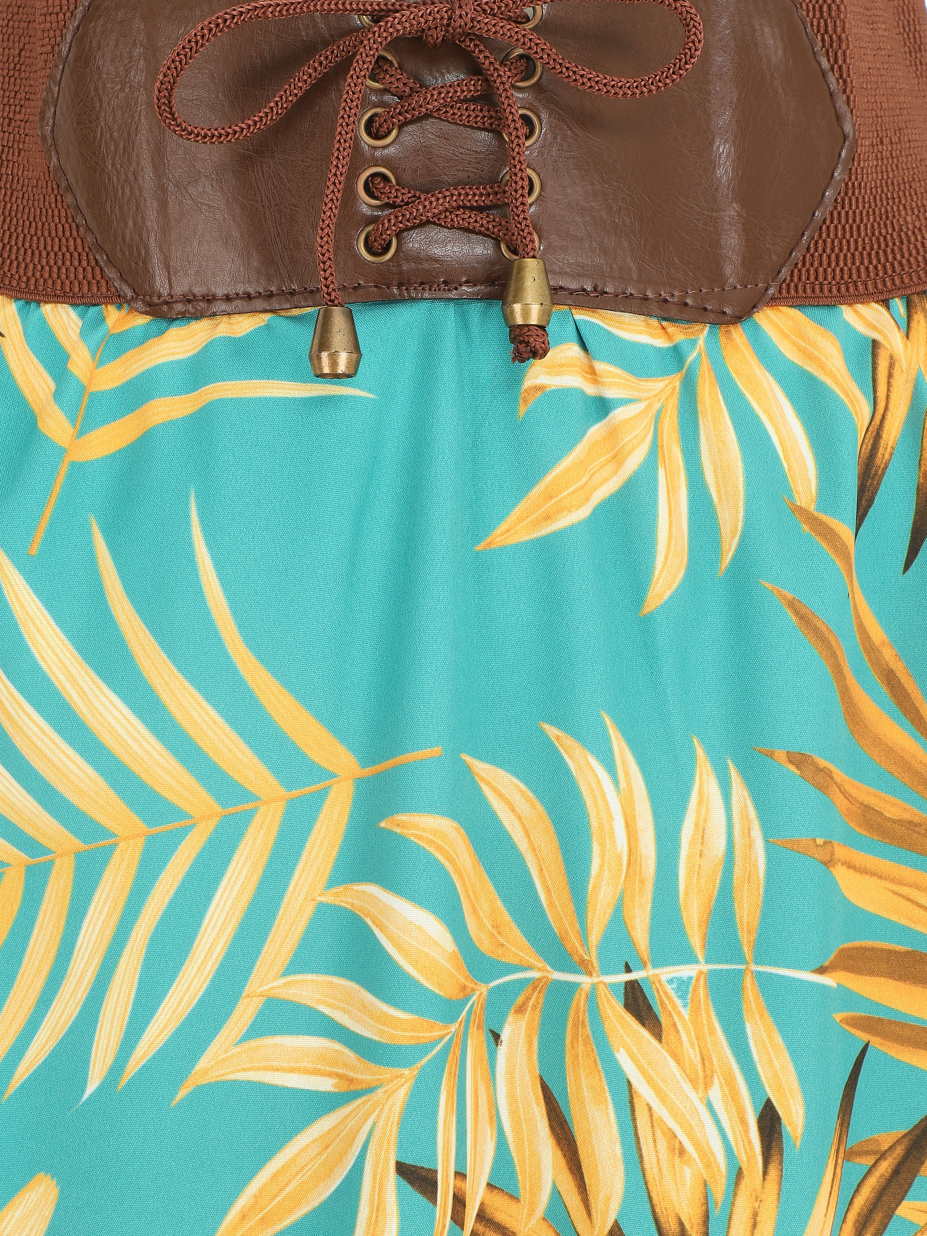 Lange rok met hoge taille in korsetstijl met tropische print - Turkoois - Image 3