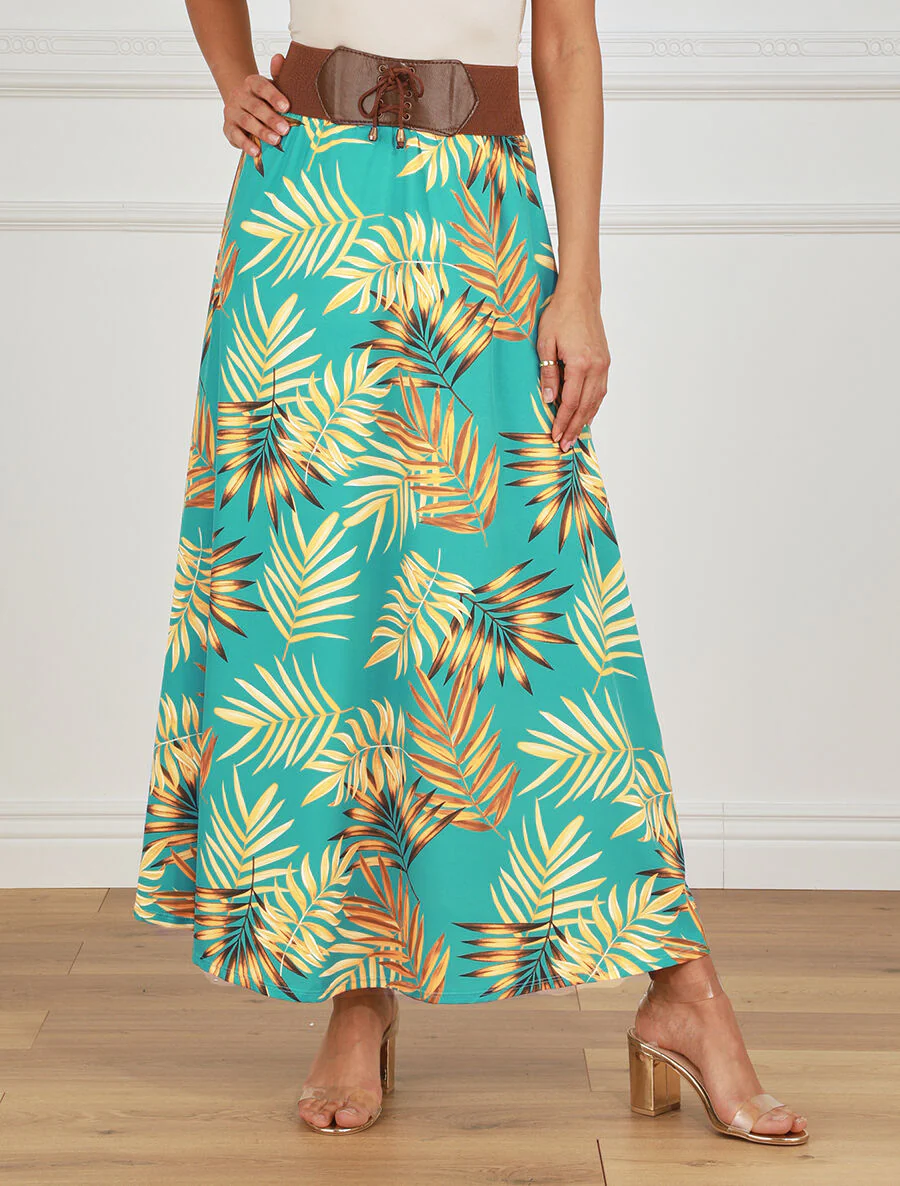 Lange rok met hoge taille in korsetstijl met tropische print - Turkoois - Image 4