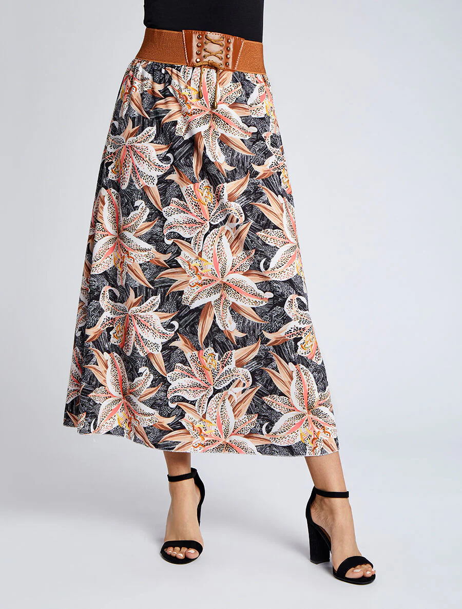 Lange rok met lis bloemenprint - Zwart - Image 3