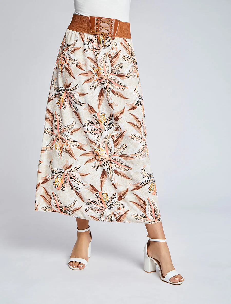 Lange rok met lis bloemenprint - beige - Image 3
