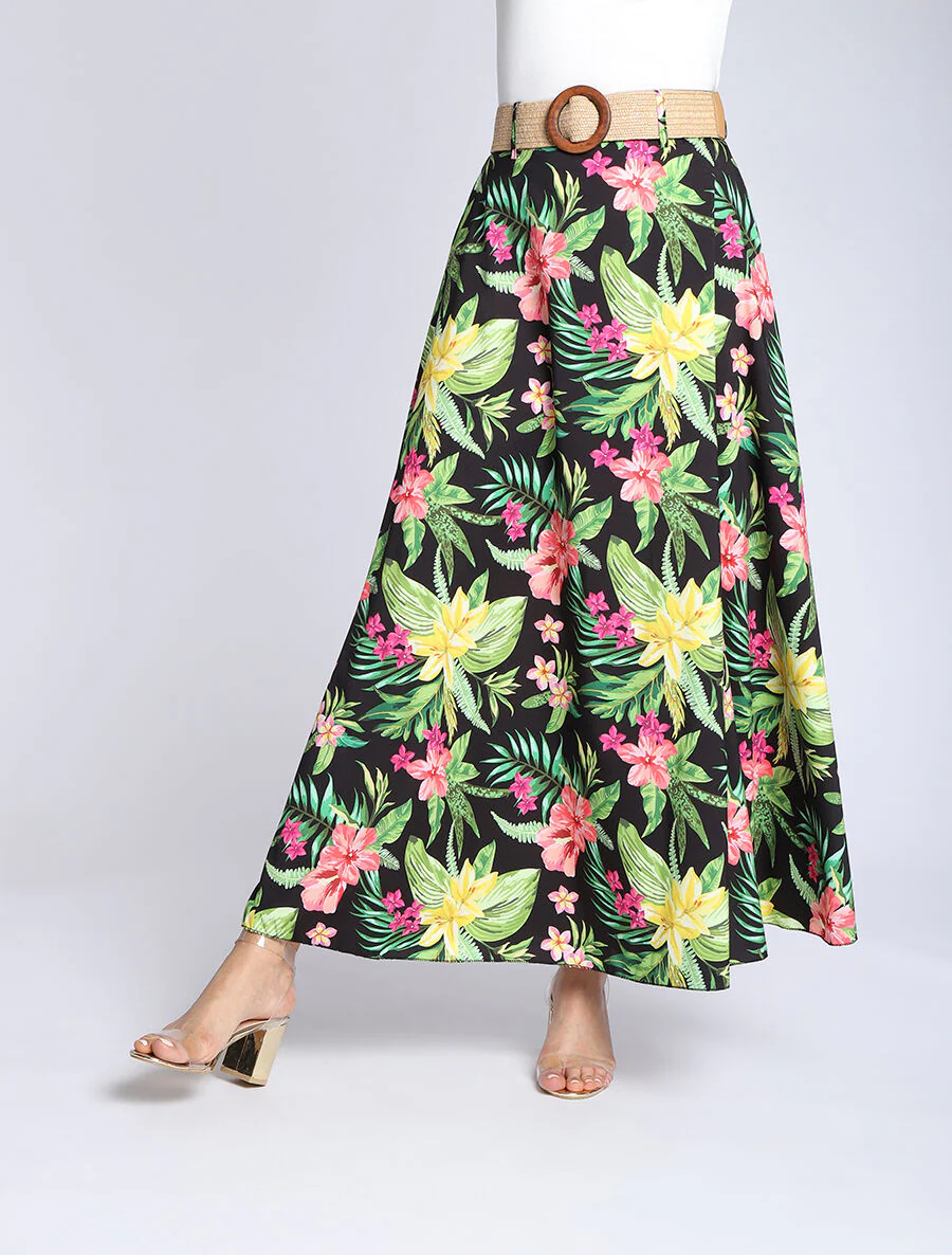Lange rok met tropische print - Zwart - Image 4