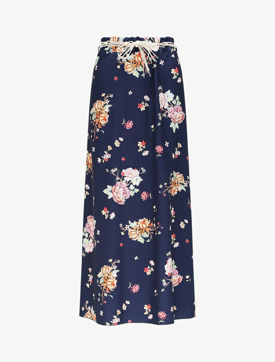 Lange uitlopende rok met pioenrozenprint - Marineblauw