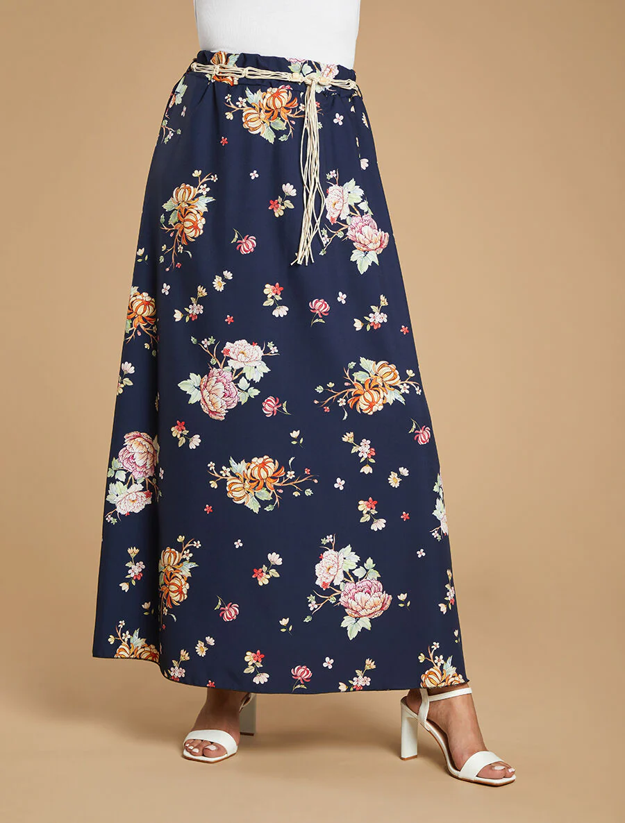 Lange uitlopende rok met pioenrozenprint - Marineblauw - Image 4