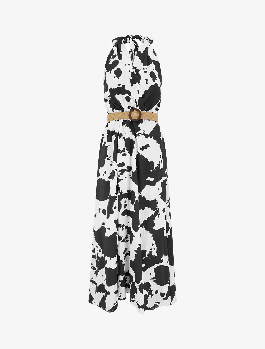 Lange rugloze jurk met koeienprint - Zwart