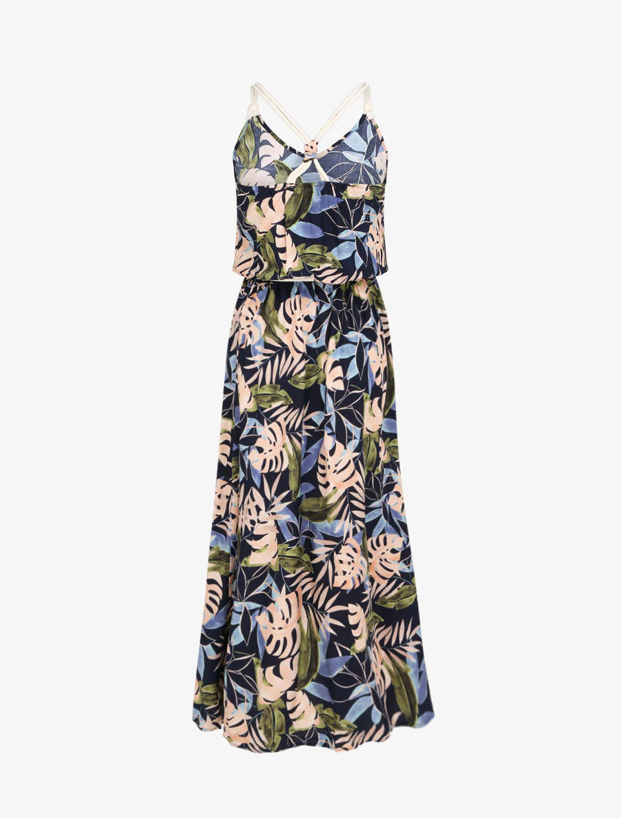 Lange tropische bladeren geprinte jurk met koord schouderbanden - marineblauw - Image 2