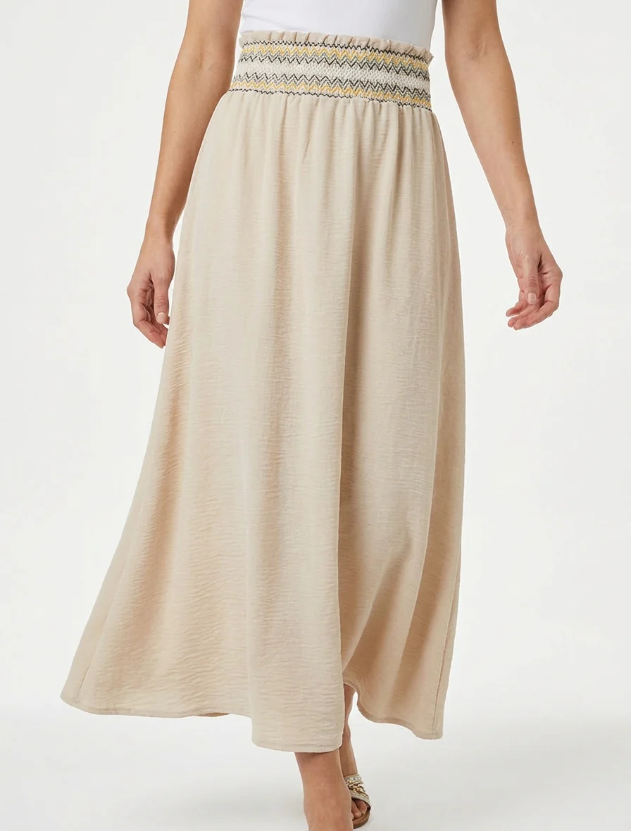 Lange uitlopende rok met elastische tailleband - Beige - Image 4