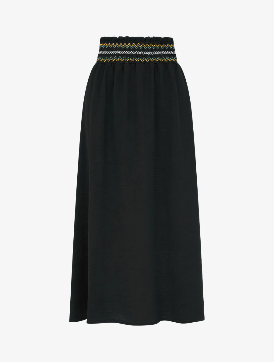 Lange uitlopende rok met elastische tailleband - Zwart