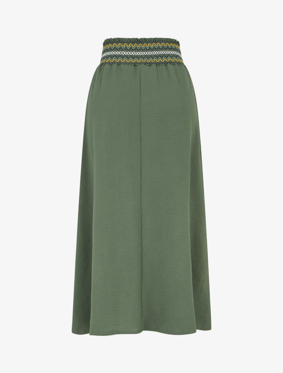 Lange uitlopende rok met elastische tailleband - Kaki - Image 2