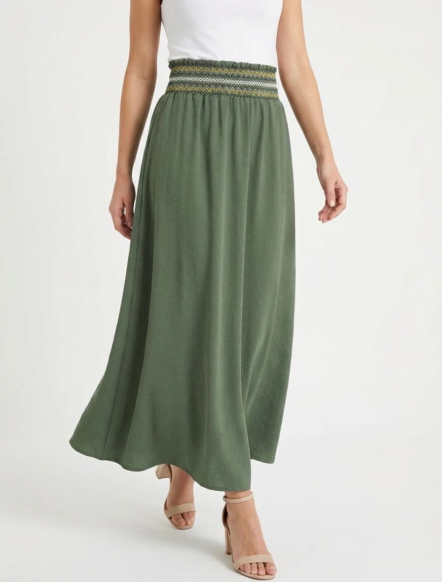 Lange uitlopende rok met elastische tailleband - Kaki - Image 4