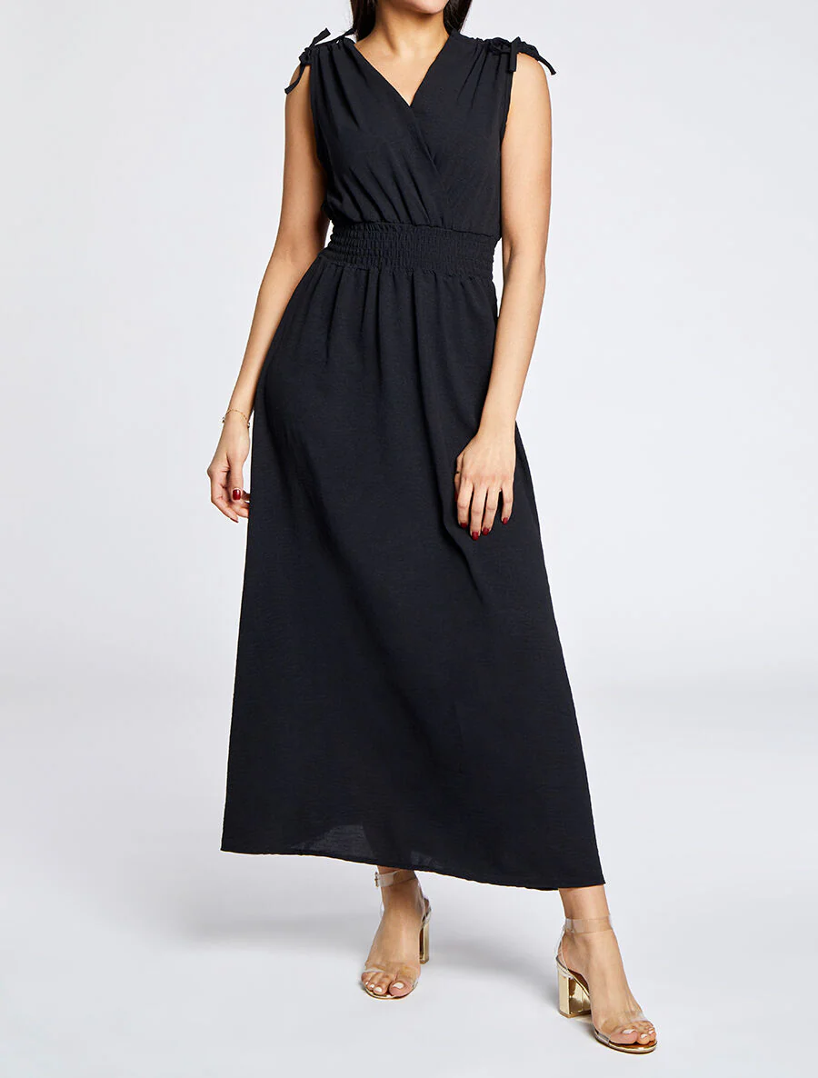 Lange v-hals jurk met elastische taille - Zwart - Image 4
