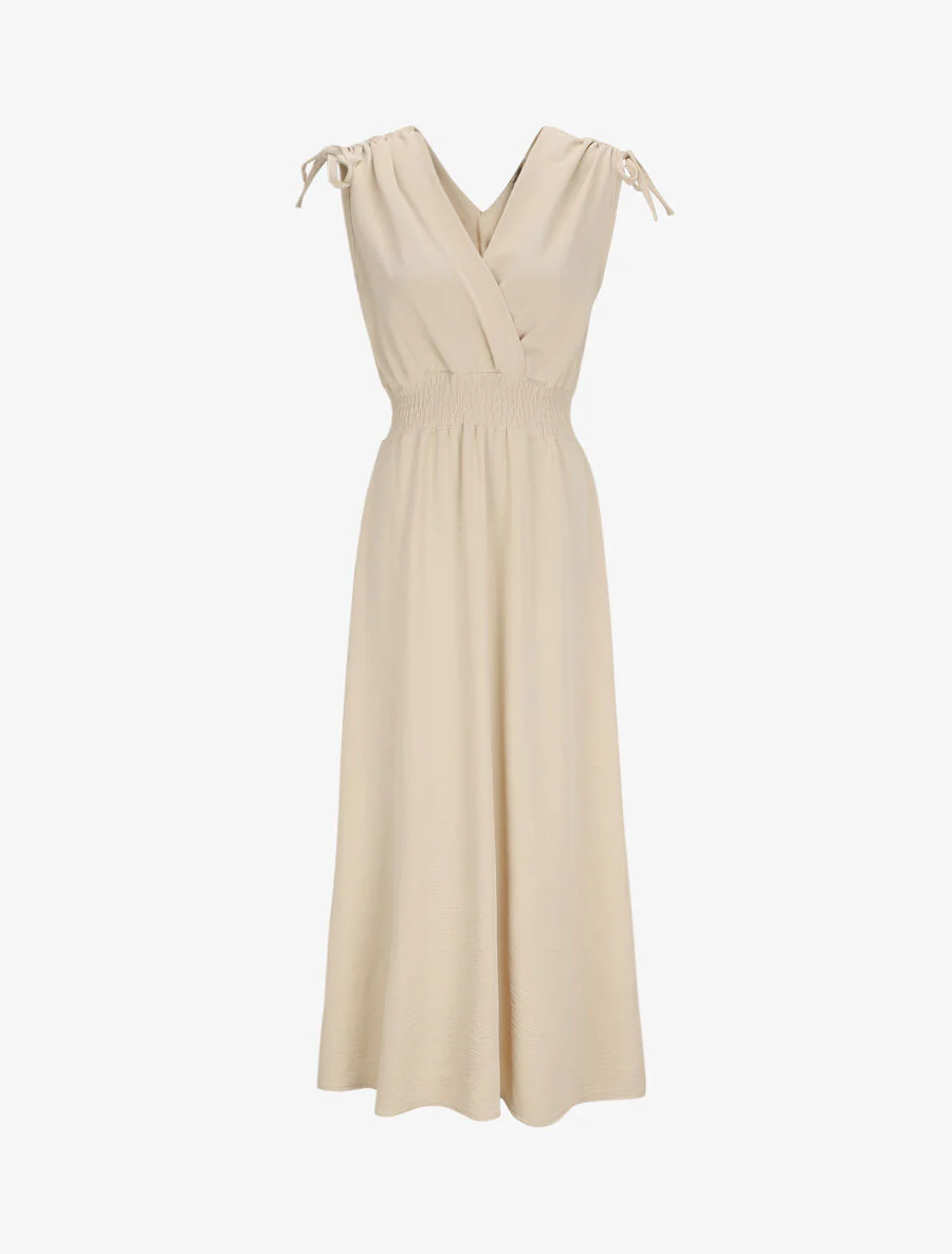 Lange v-hals jurk met elastische taille - Beige