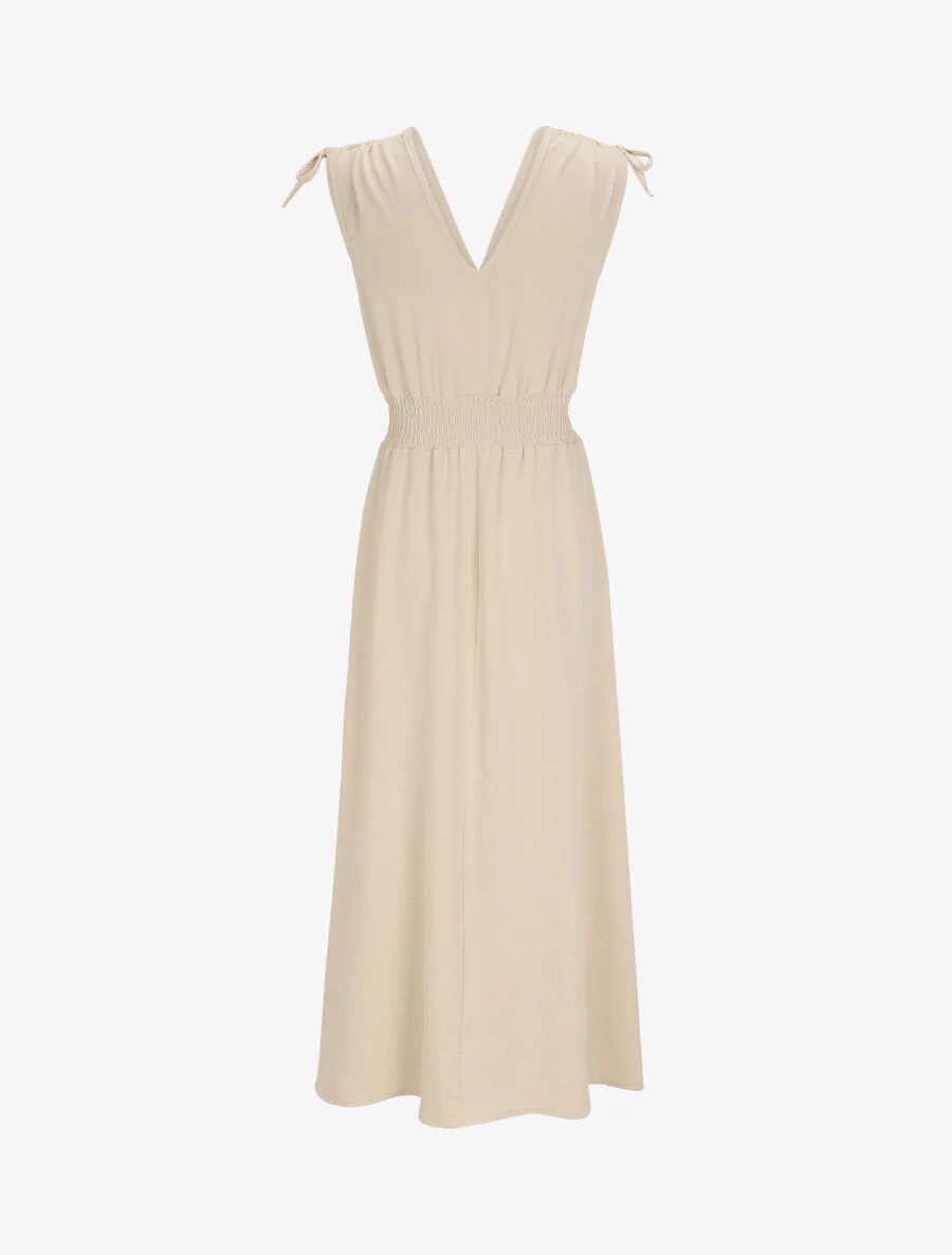 Lange v-hals jurk met elastische taille - Beige - Image 2