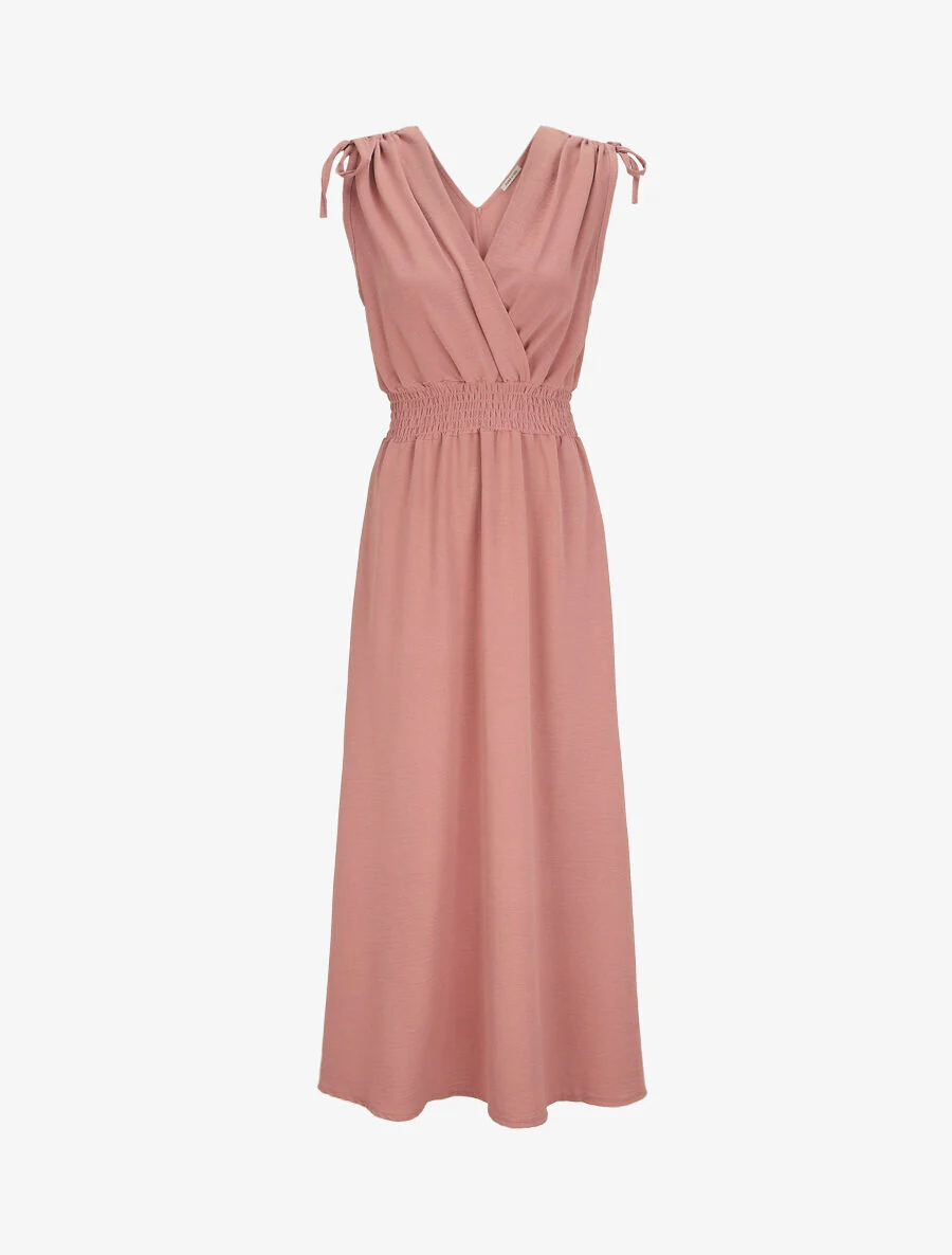 Lange v-hals jurk met elastische taille - Roze