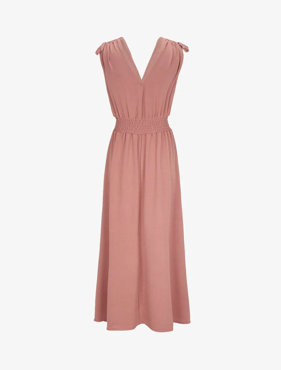 Lange v-hals jurk met elastische taille - Roze - Image 2