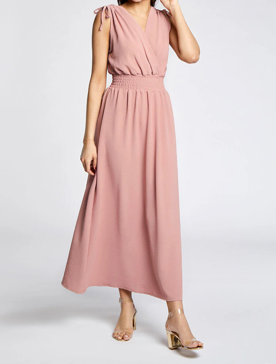 Lange v-hals jurk met elastische taille - Roze - Image 4