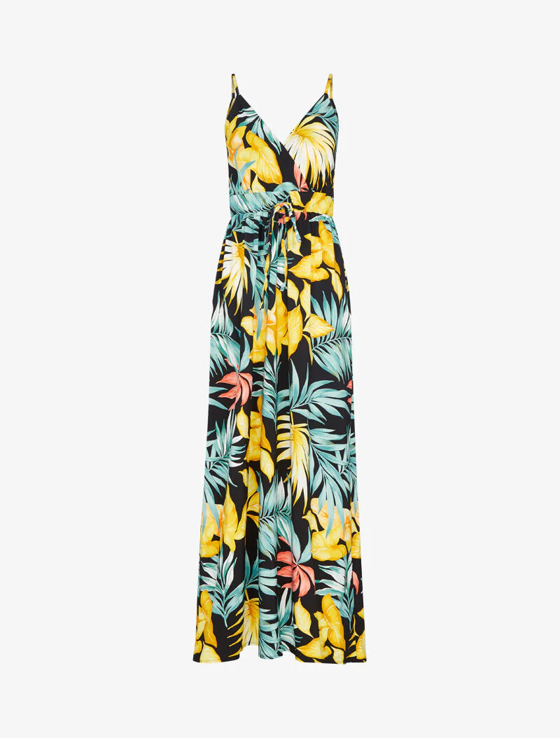 Lange vloeiende jurk met zomerse print - zwart