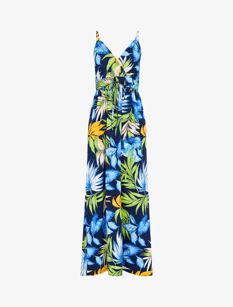 Lange vloeiende jurk met zomerse print - marineblauw