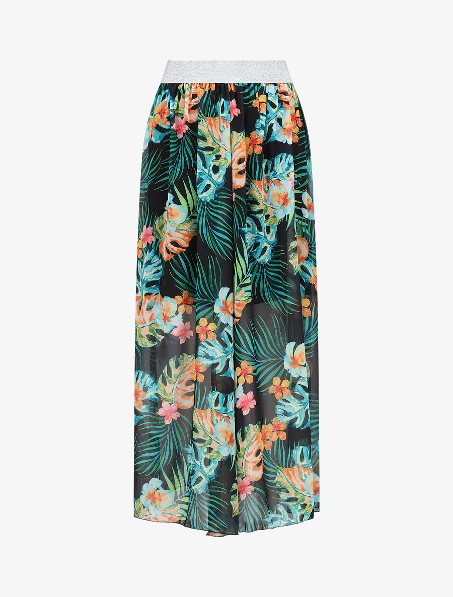 Lange voile geprinte tropische rok met contrasterende riem - Zwart