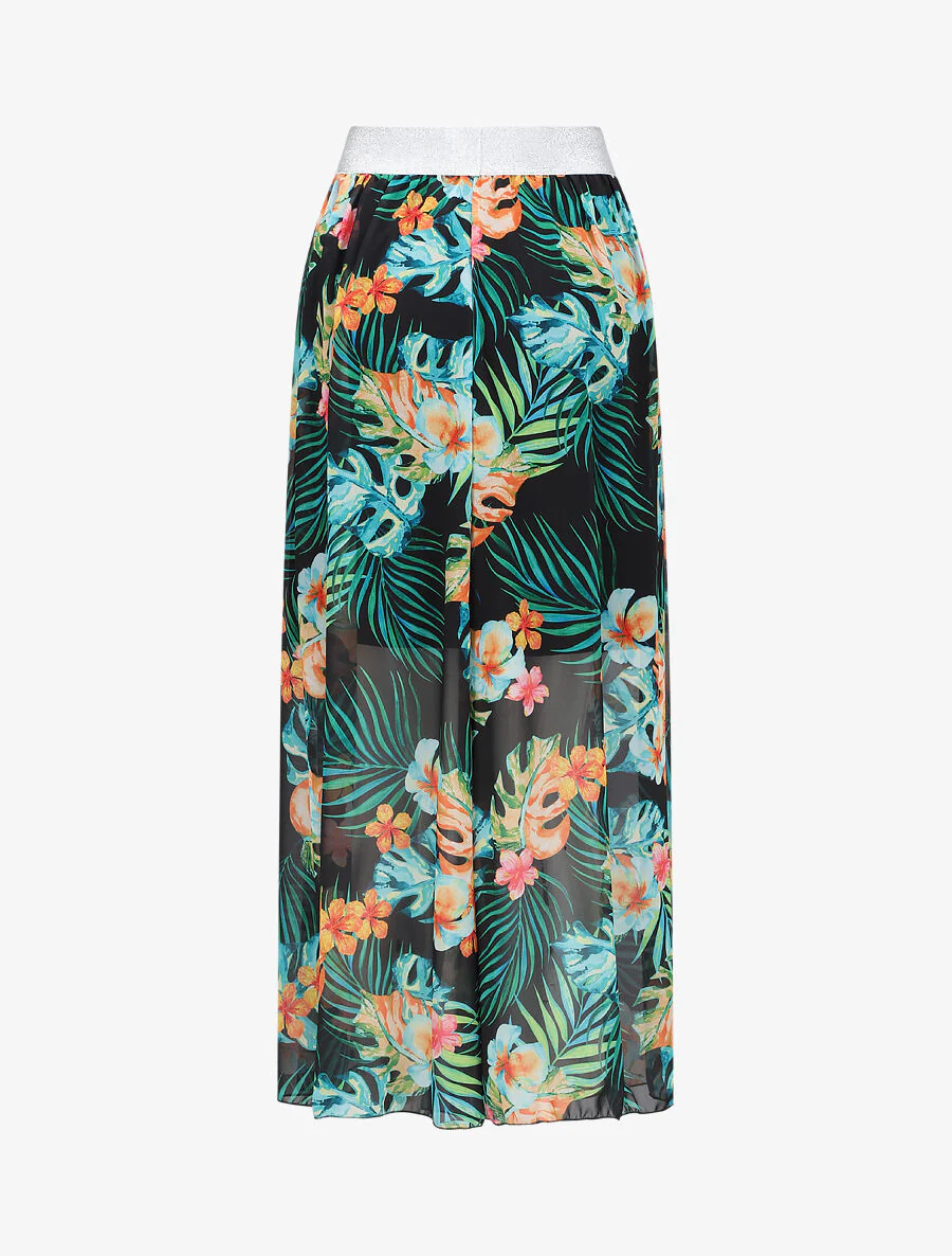 Lange voile geprinte tropische rok met contrasterende riem - Zwart - Image 2
