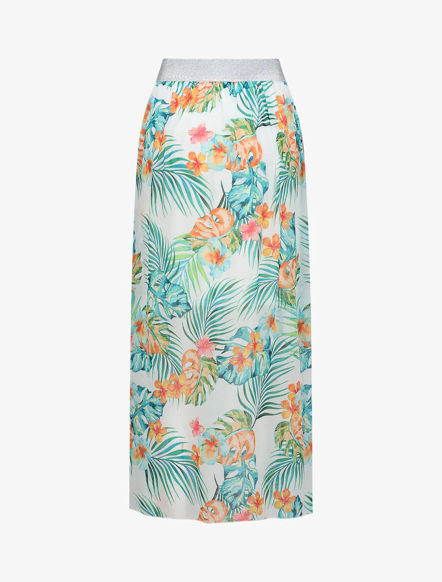 Lange voile geprinte tropische rok met contrasterende riem - Wit - Image 2