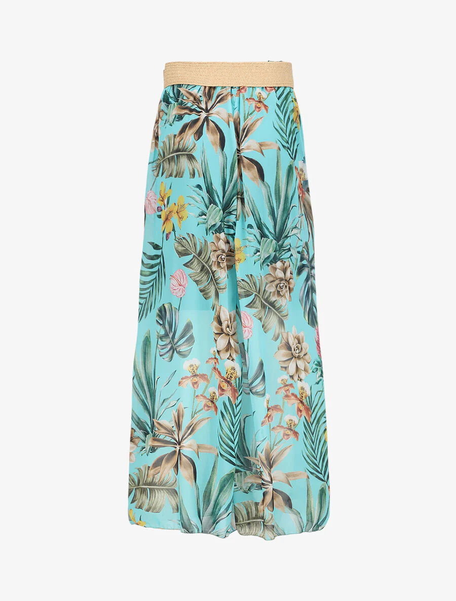 Lange voile rok met tropische bloemenprint - Blauw turquoise - Image 2