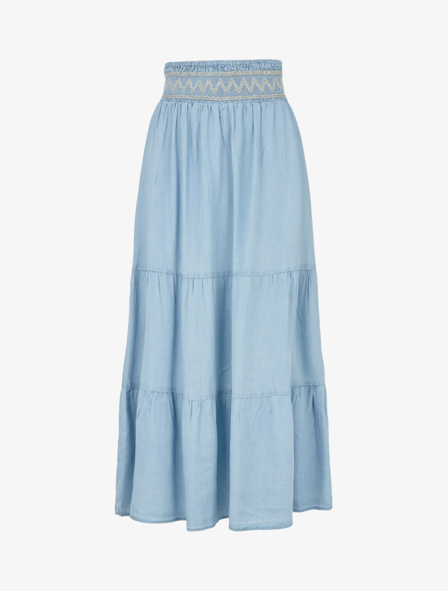 Lange wijde rok met elastische tailleband met fantasiedessin - Lichtblauw