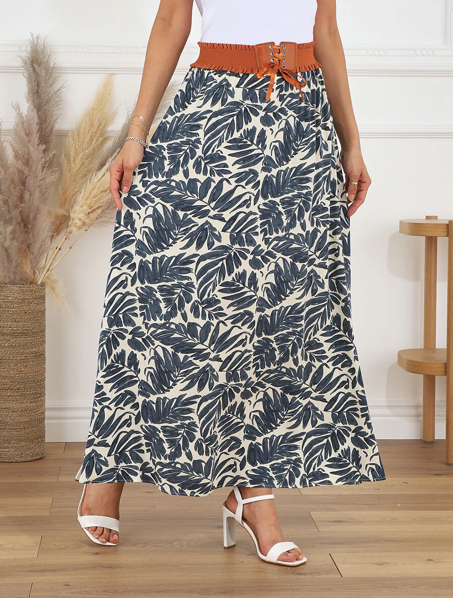 Lange wijduitlopende rok met bladmotief - Donkerblauw - Image 4