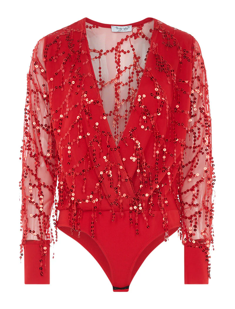 Franje body met pailletten - rood