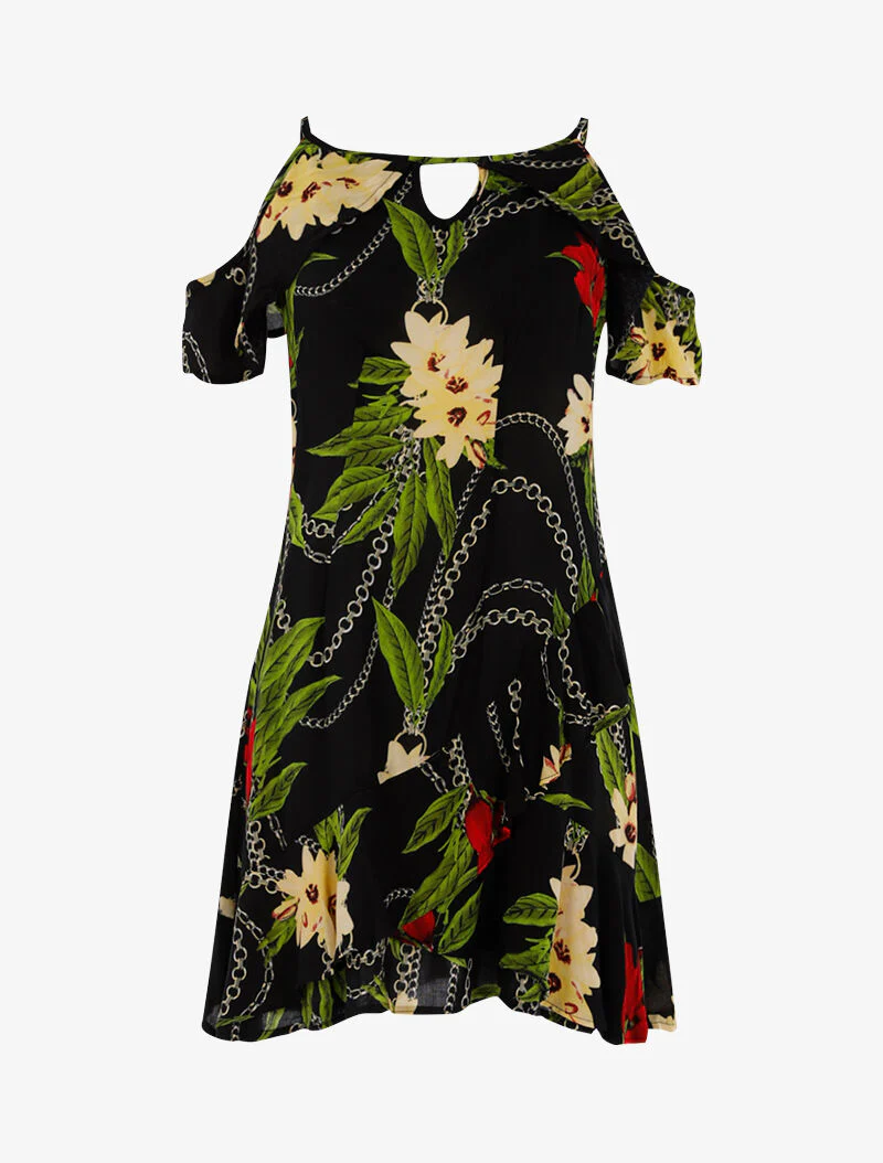 Lichte jurk met bloemenprint en kettingen - zwart