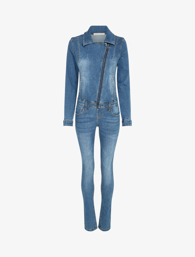 Licht gewassen denim jumpsuit met ritssluiting - Blauw - Image 2
