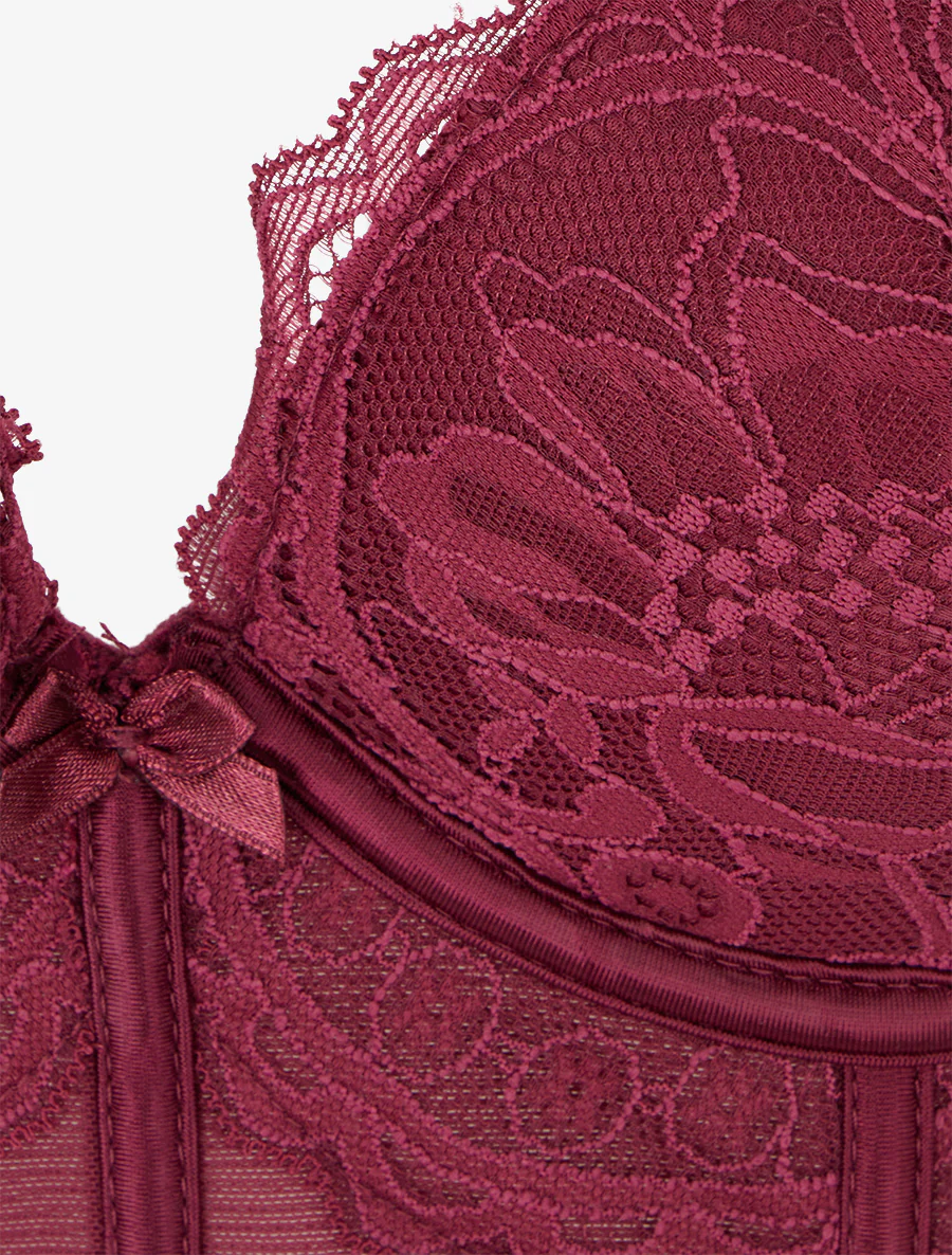 Lingerieset in korsetstijl met bloemenkant - Pruim - Image 4