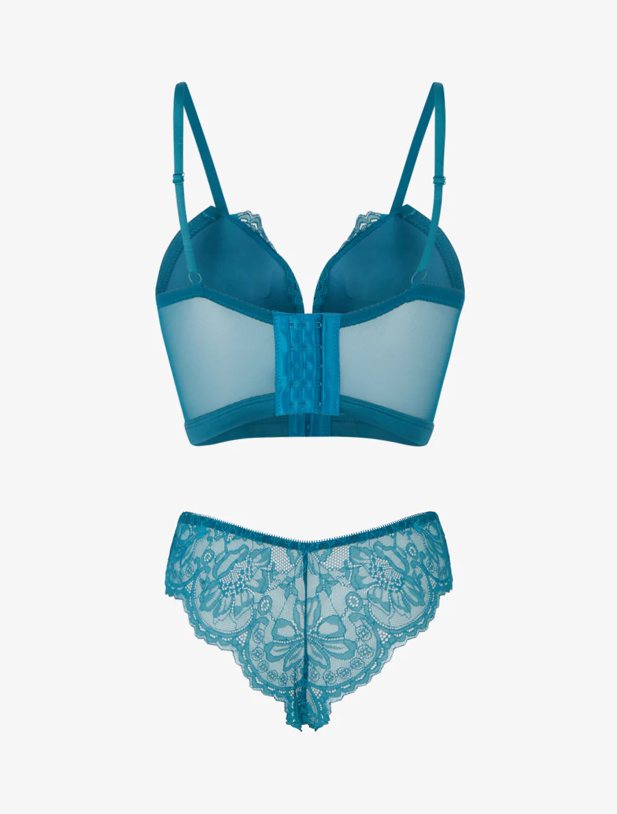 Lingerieset in korsetstijl met bloemenkant - Eendenblauw - Image 3