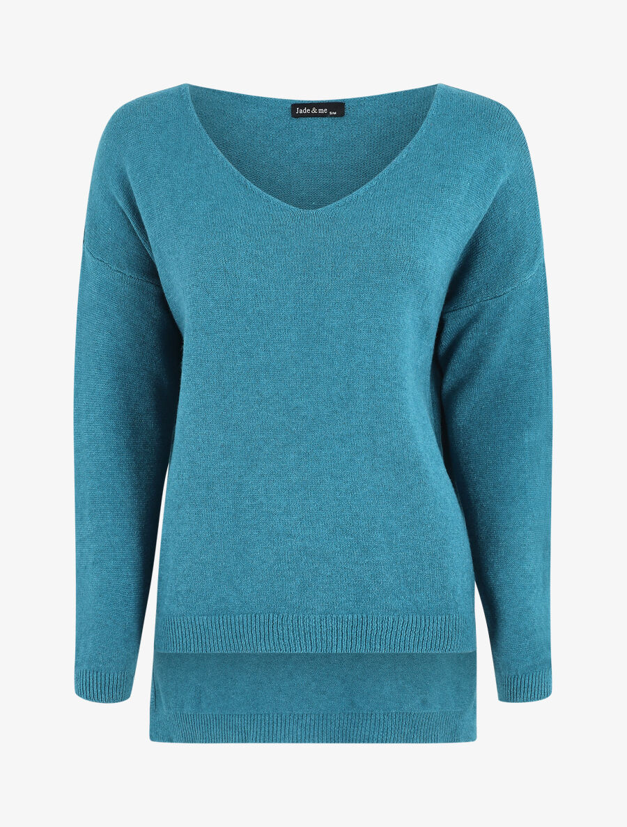 Losse effen trui met V-hals - Blauwgroen