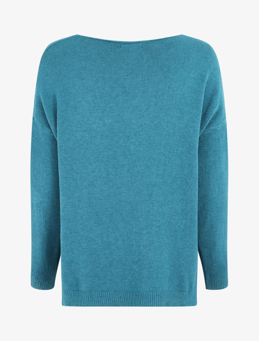 Losse effen trui met V-hals - Blauwgroen - Image 2