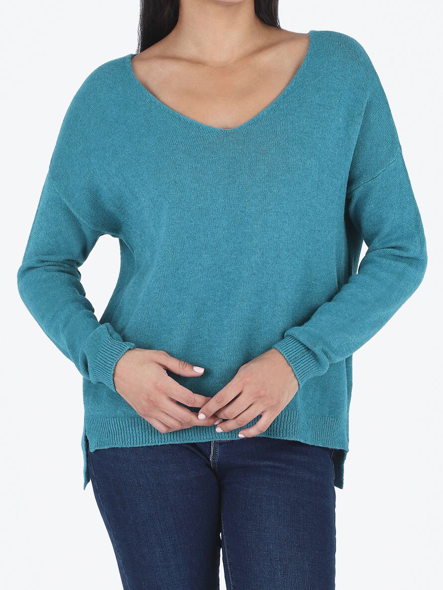 Losse effen trui met V-hals - Blauwgroen - Image 4