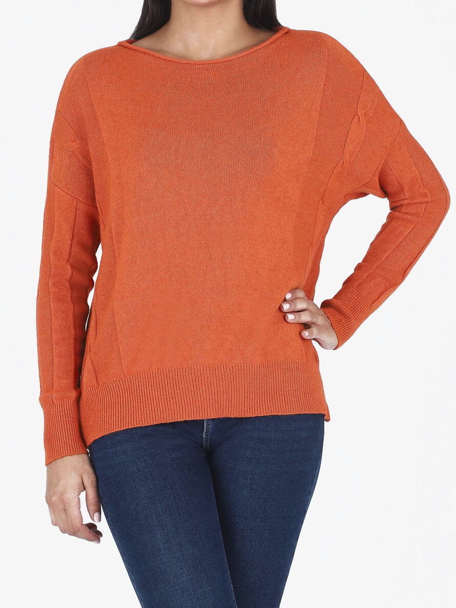 Losse trui van rib met boothals - oranje - Image 4