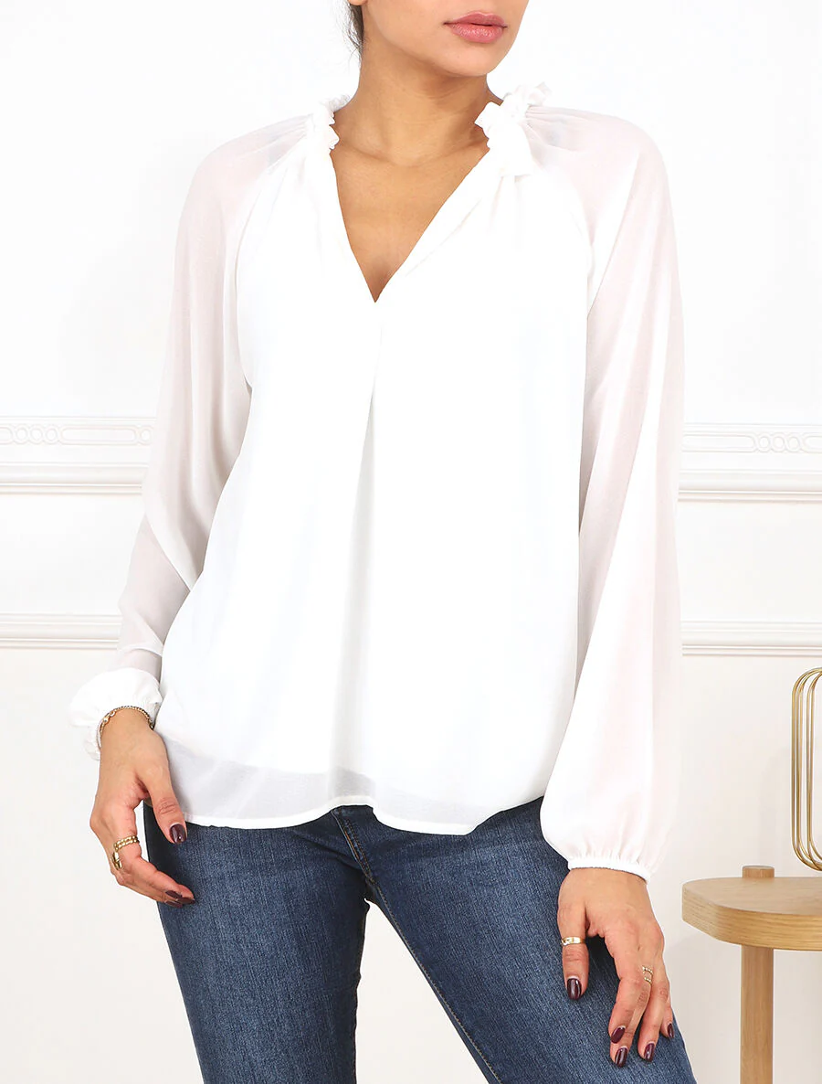Loszittende effen blouse met lange mouwen - wit - Image 4