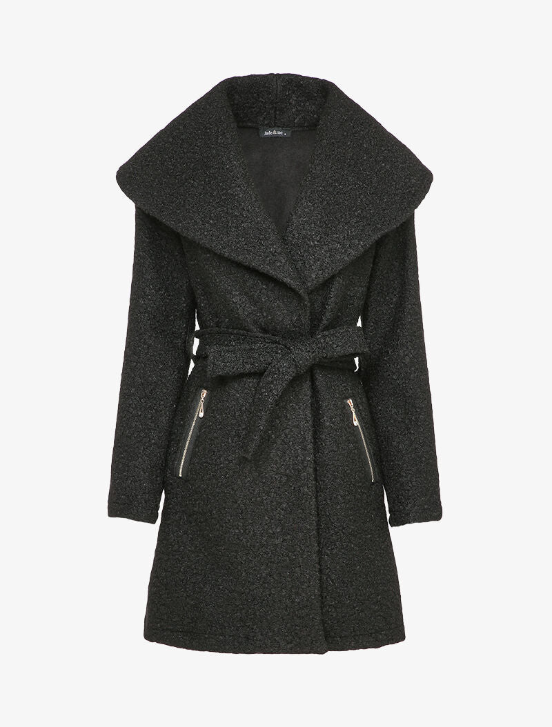 Jas met bouclé wol-effect en brede kraag - Zwart